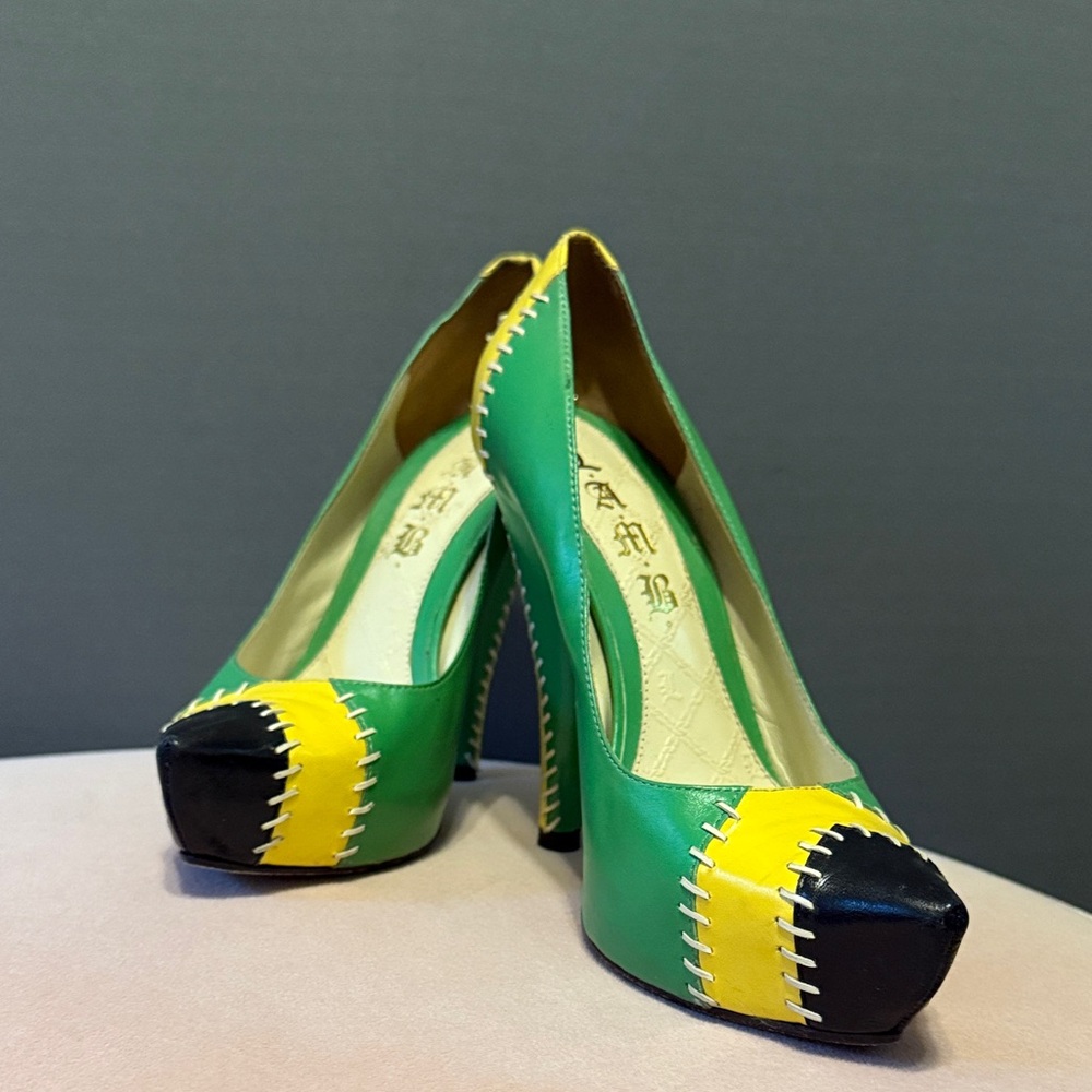 L.A.M.B. Green & Yellow Leather Heels with Black Accents